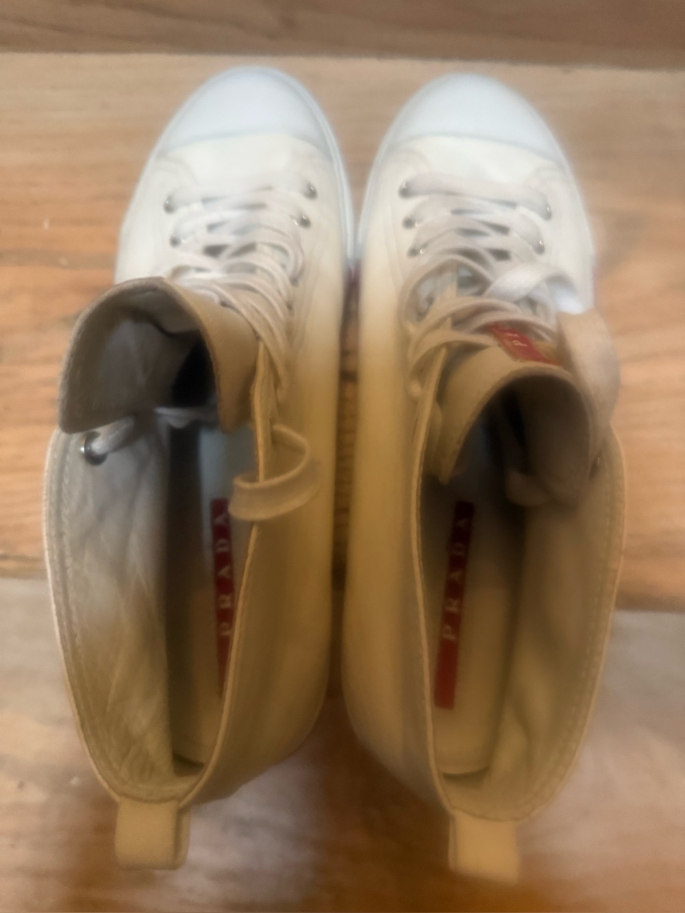 Prada Men’s Linea Rossa Red Tab Leather Mid-top Sneakers (Off-white, 10US) - Picture 13 of 15